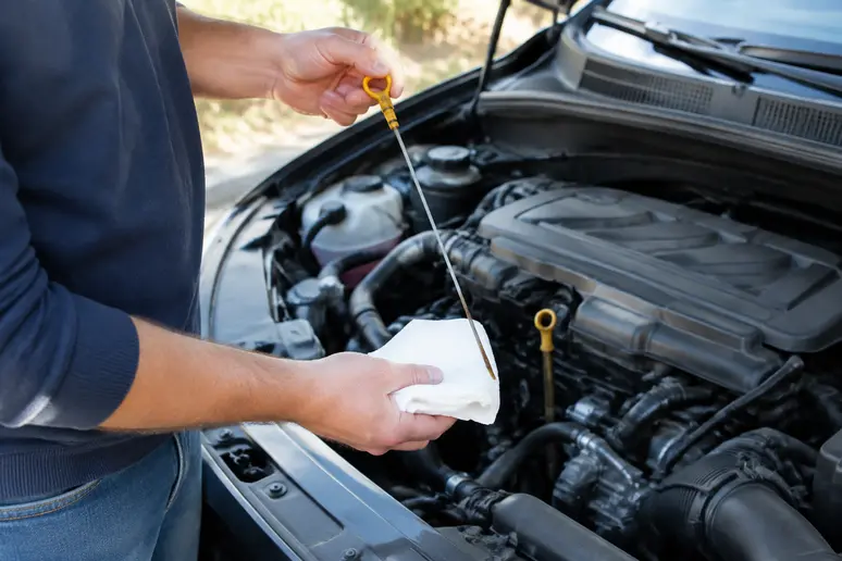 Vérification du niveau d'huile moteur à l'aide d'une jauge manuelle sur sol plat