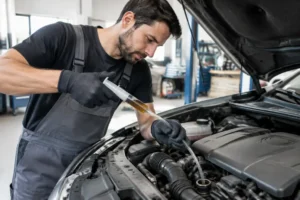 Mécanicien retirant le surplus de trop d'huile moteur avec une seringue dans un garage automobile