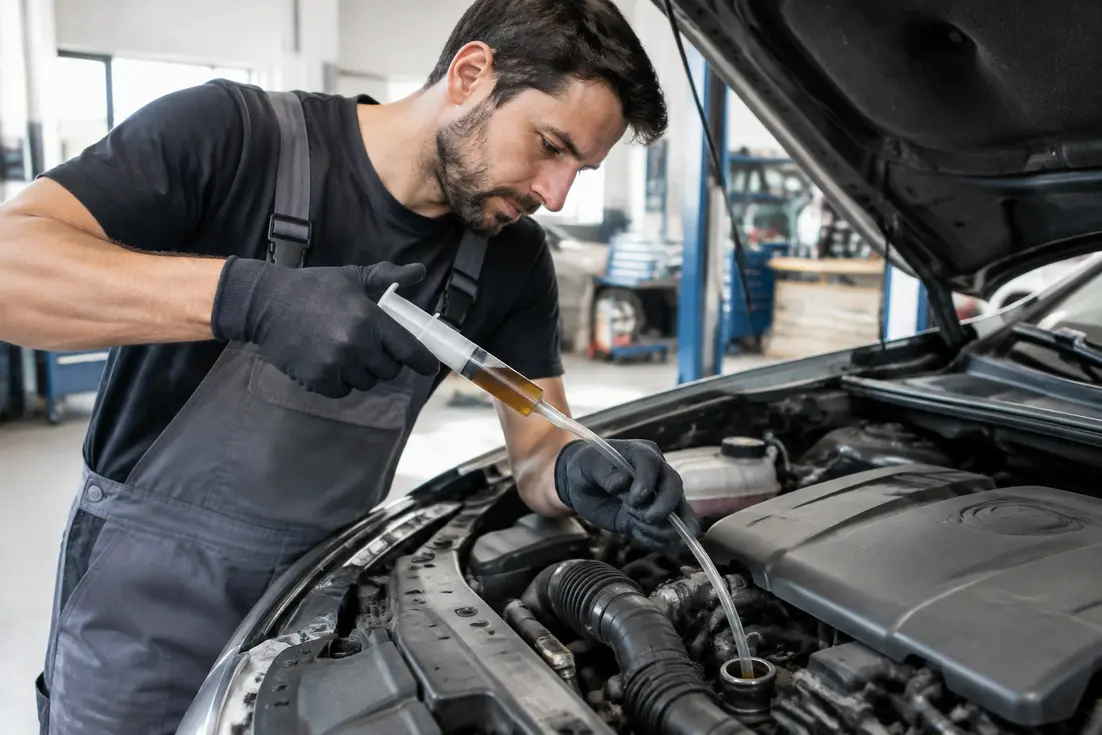 Mécanicien retirant le surplus de trop d'huile moteur avec une seringue dans un garage automobile
