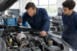 Un mécanicien inspecte le compartiment moteur d'une voiture dans un atelier lumineux où le turbo siffle