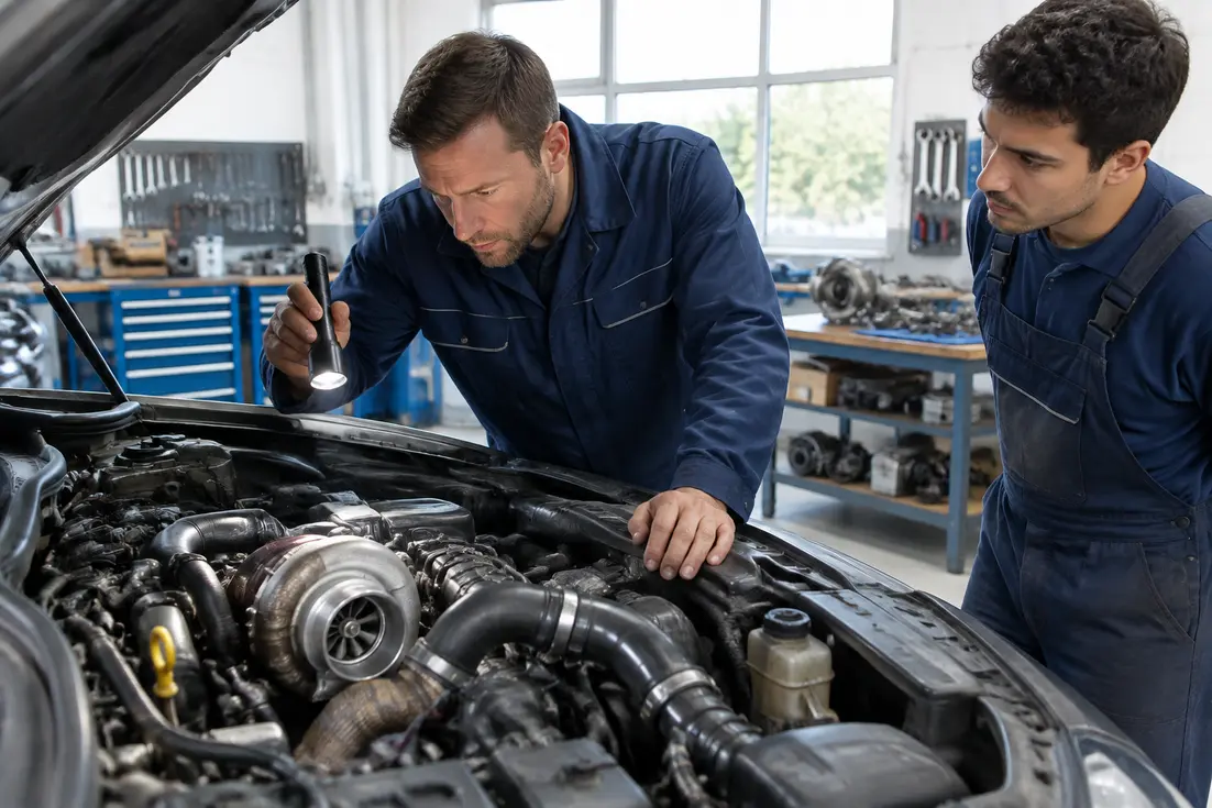 Un mécanicien inspecte le compartiment moteur d'une voiture dans un atelier lumineux où le turbo siffle