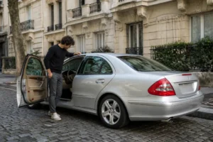 Un jeune conducteur examine sa berline w211-car garée dans une rue résidentielle européenne