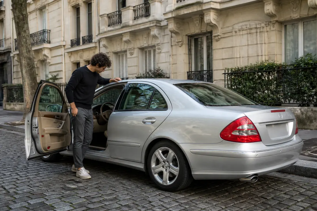 Un jeune conducteur examine sa berline w211-car garée dans une rue résidentielle européenne